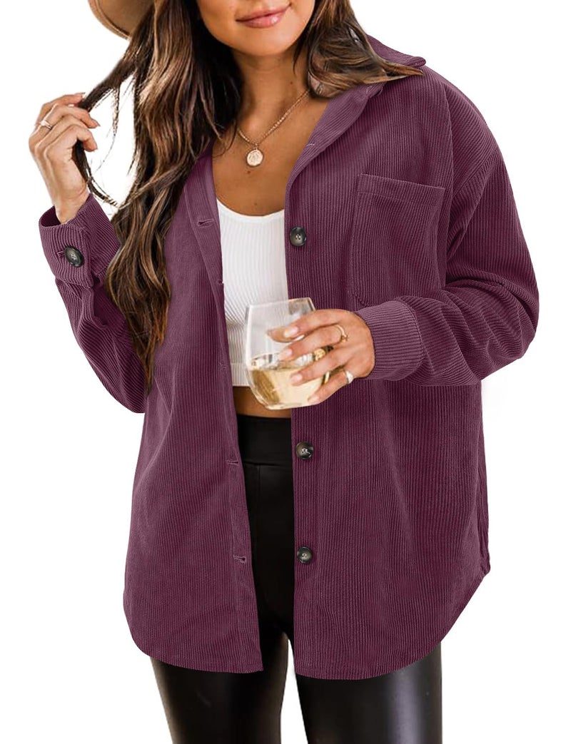 ZOLUCKY Women's Corduroy Boyfriend Shirt - Cream, Oversized, Long-Sleeve, Button-Down Deep Purple Large - Image 1