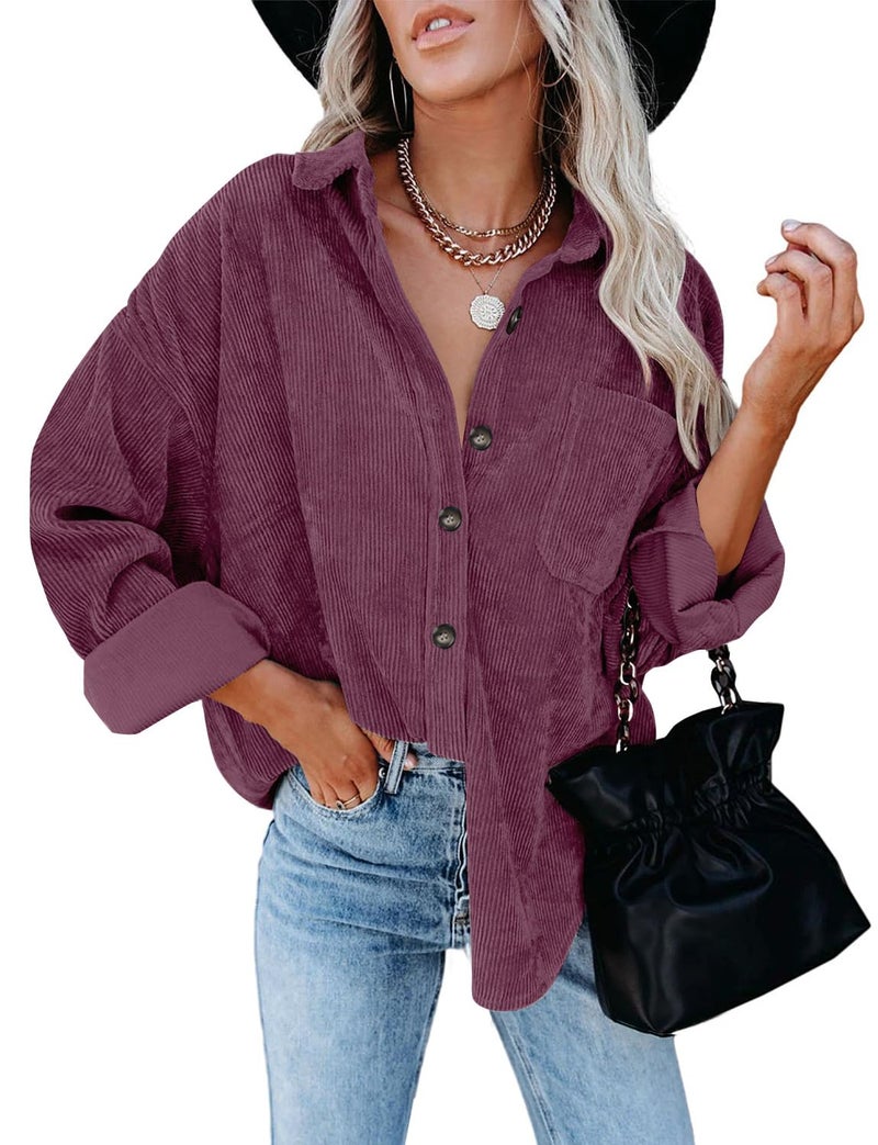 ZOLUCKY Women's Corduroy Boyfriend Shirt - Cream, Oversized, Long-Sleeve, Button-Down Deep Purple Large - Image 3