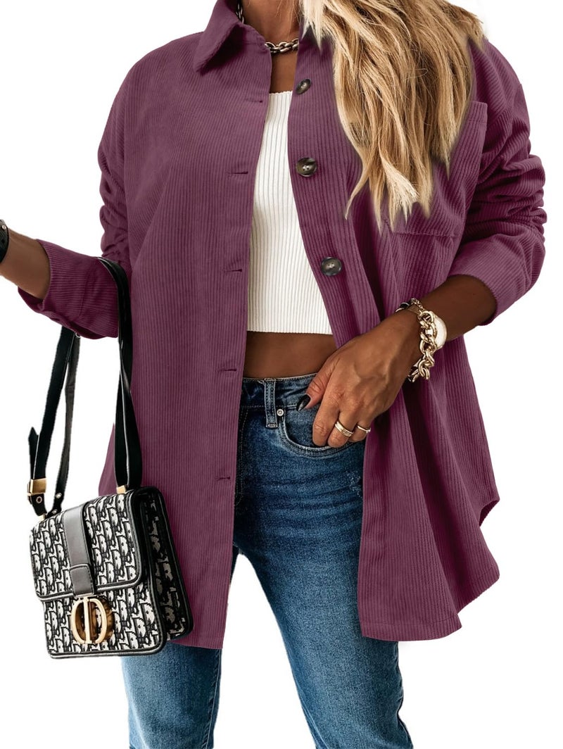 ZOLUCKY Women's Corduroy Boyfriend Shirt - Cream, Oversized, Long-Sleeve, Button-Down Deep Purple Large - Image 2