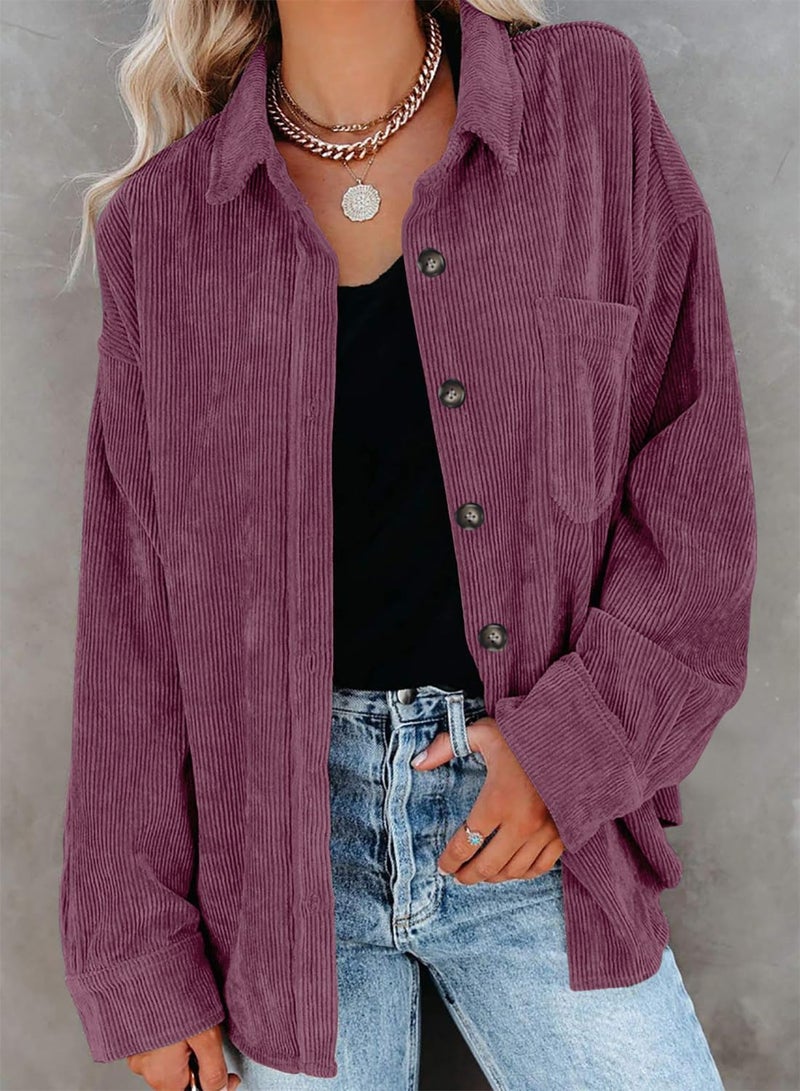 ZOLUCKY Women's Corduroy Boyfriend Shirt - Cream, Oversized, Long-Sleeve, Button-Down Deep Purple Large - Image 4