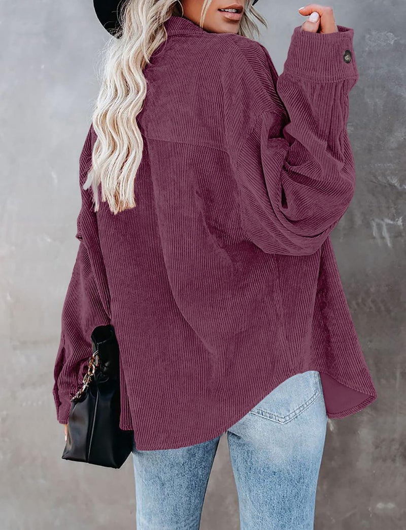 ZOLUCKY Women's Corduroy Boyfriend Shirt - Cream, Oversized, Long-Sleeve, Button-Down Deep Purple Large - Image 5