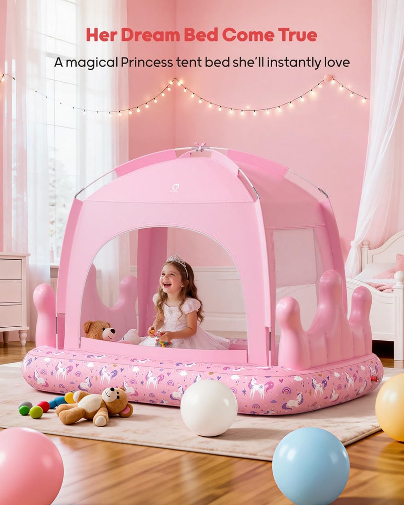 QPAU Princess Inflatable Toddler Bed with Tent, Blow Up Toddler Travel Bed with Sides, Portable Kids Air Mattress for Girls, Ideal for Home, Grandmaâ€™s, Camping & Sleepovers â€“ Includes Electric Pump - Image 2