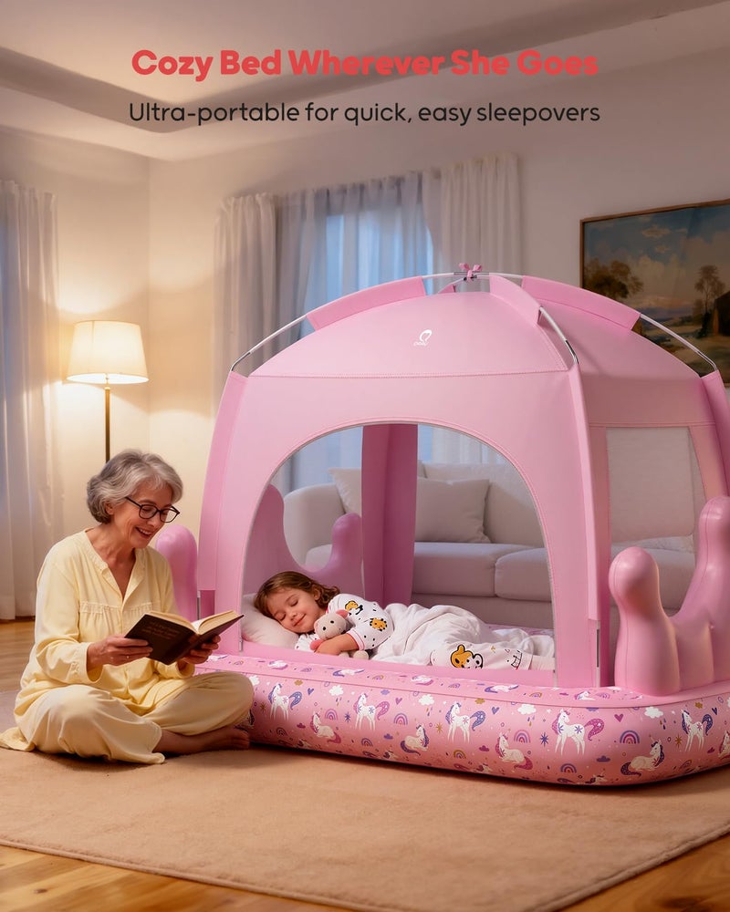 QPAU Princess Inflatable Toddler Bed with Tent, Blow Up Toddler Travel Bed with Sides, Portable Kids Air Mattress for Girls, Ideal for Home, Grandmaâ€™s, Camping & Sleepovers â€“ Includes Electric Pump - Image 4