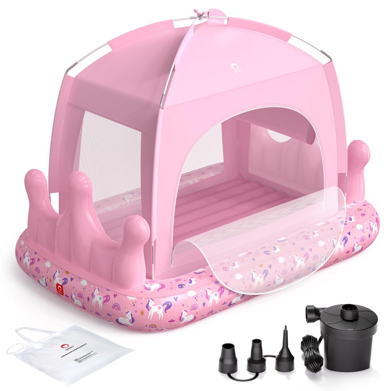 QPAU Princess Inflatable Toddler Bed with Tent, Blow Up Toddler Travel Bed with Sides, Portable Kids Air Mattress for Girls, Ideal for Home, Grandmaâ€™s, Camping & Sleepovers â€“ Includes Electric Pump - Image 1