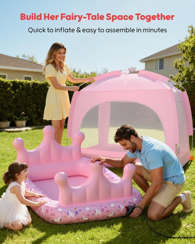QPAU Princess Inflatable Toddler Bed with Tent, Blow Up Toddler Travel Bed with Sides, Portable Kids Air Mattress for Girls, Ideal for Home, Grandmaâ€™s, Camping & Sleepovers â€“ Includes Electric Pump - Image 5