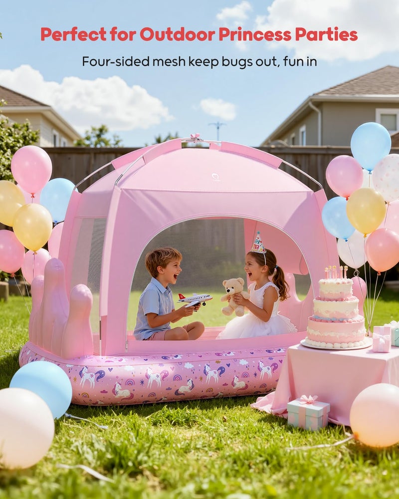 QPAU Princess Inflatable Toddler Bed with Tent, Blow Up Toddler Travel Bed with Sides, Portable Kids Air Mattress for Girls, Ideal for Home, Grandmaâ€™s, Camping & Sleepovers â€“ Includes Electric Pump - Image 3