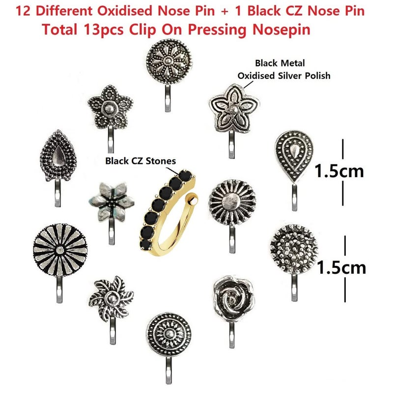 VAMA Fashions Oxidised Metal German Silver Nose Pin Ring Studs Body Piercing Jewellery Nosepin for Women - Image 3