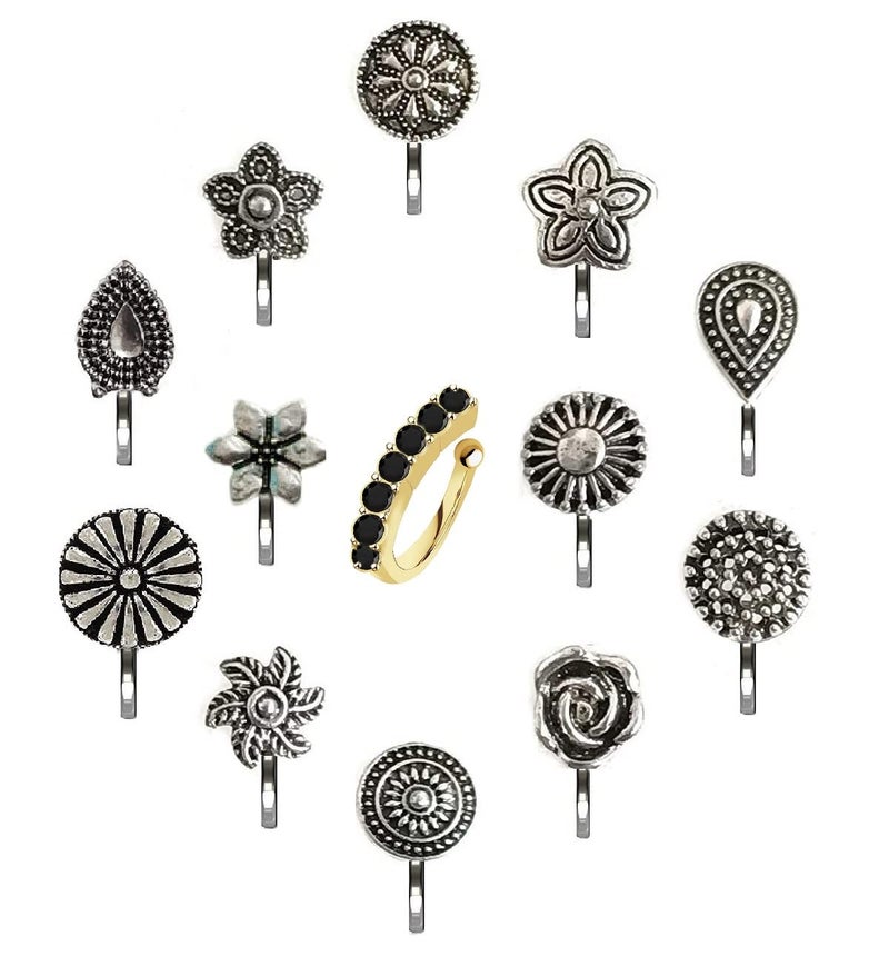 VAMA Fashions Oxidised Metal German Silver Nose Pin Ring Studs Body Piercing Jewellery Nosepin for Women - Image 1