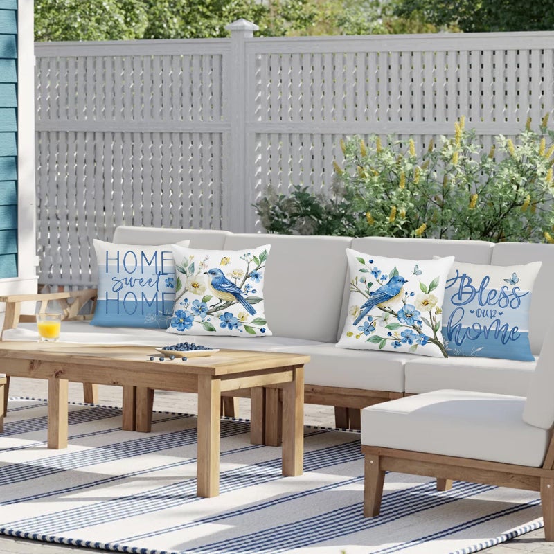 Bonhause Spring Blue Bird Floral Throw Pillow Covers 18 x 18 Inch Flowers Leaves Branch Home Sweet Home Soft Velvet Decorative Cushion Case for Outdoor Patio Sofa Couch Set of 4 - Image 3