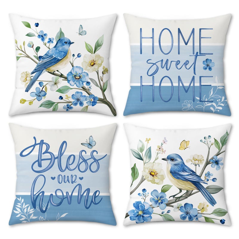Bonhause Spring Blue Bird Floral Throw Pillow Covers 18 x 18 Inch Flowers Leaves Branch Home Sweet Home Soft Velvet Decorative Cushion Case for Outdoor Patio Sofa Couch Set of 4 - Image 1