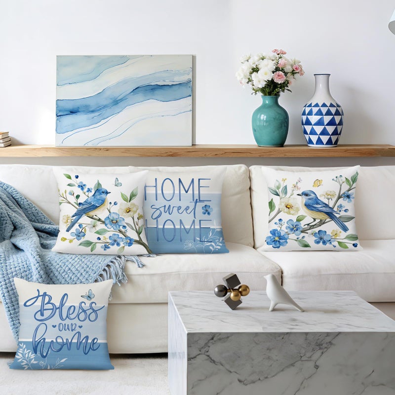 Bonhause Spring Blue Bird Floral Throw Pillow Covers 18 x 18 Inch Flowers Leaves Branch Home Sweet Home Soft Velvet Decorative Cushion Case for Outdoor Patio Sofa Couch Set of 4 - Image 2
