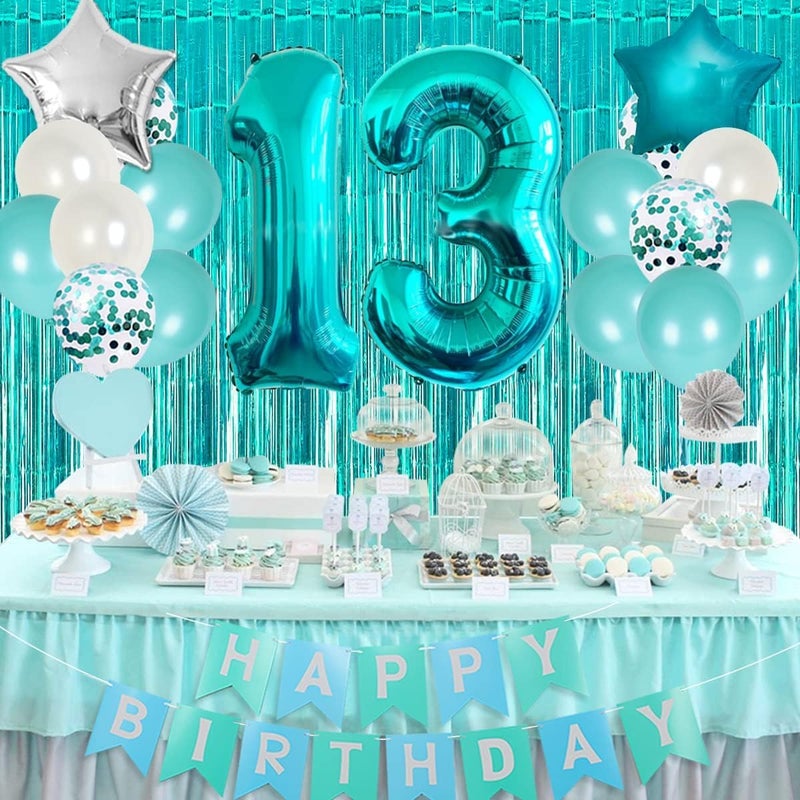 Funmemoir 13th Birthday Party Decorations for Girls Teal  Happy 13th Birthday Decorations Include Banner Garland Cake Cupcake Topper Turquoise Fringe Curtain Number 13 Foil Balloon - Image 3