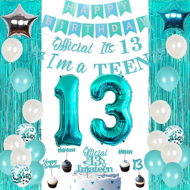 Funmemoir 13th Birthday Party Decorations for Girls Teal  Happy 13th Birthday Decorations Include Banner Garland Cake Cupcake Topper Turquoise Fringe Curtain Number 13 Foil Balloon - Image 2