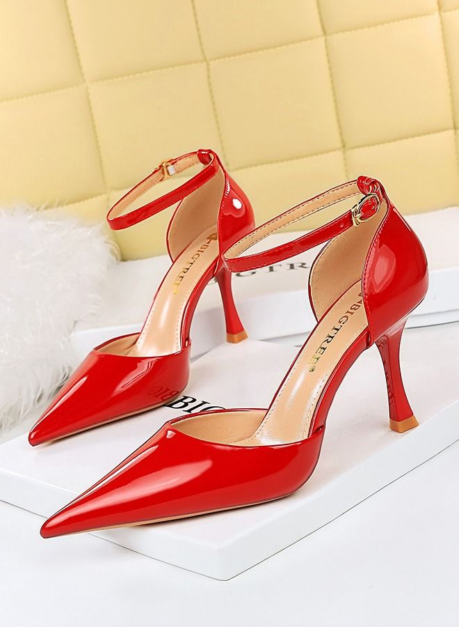 BIGTREE صنادل عالية الكعب ذات خط واحد مدبب 8 سم حمراء - Image 1