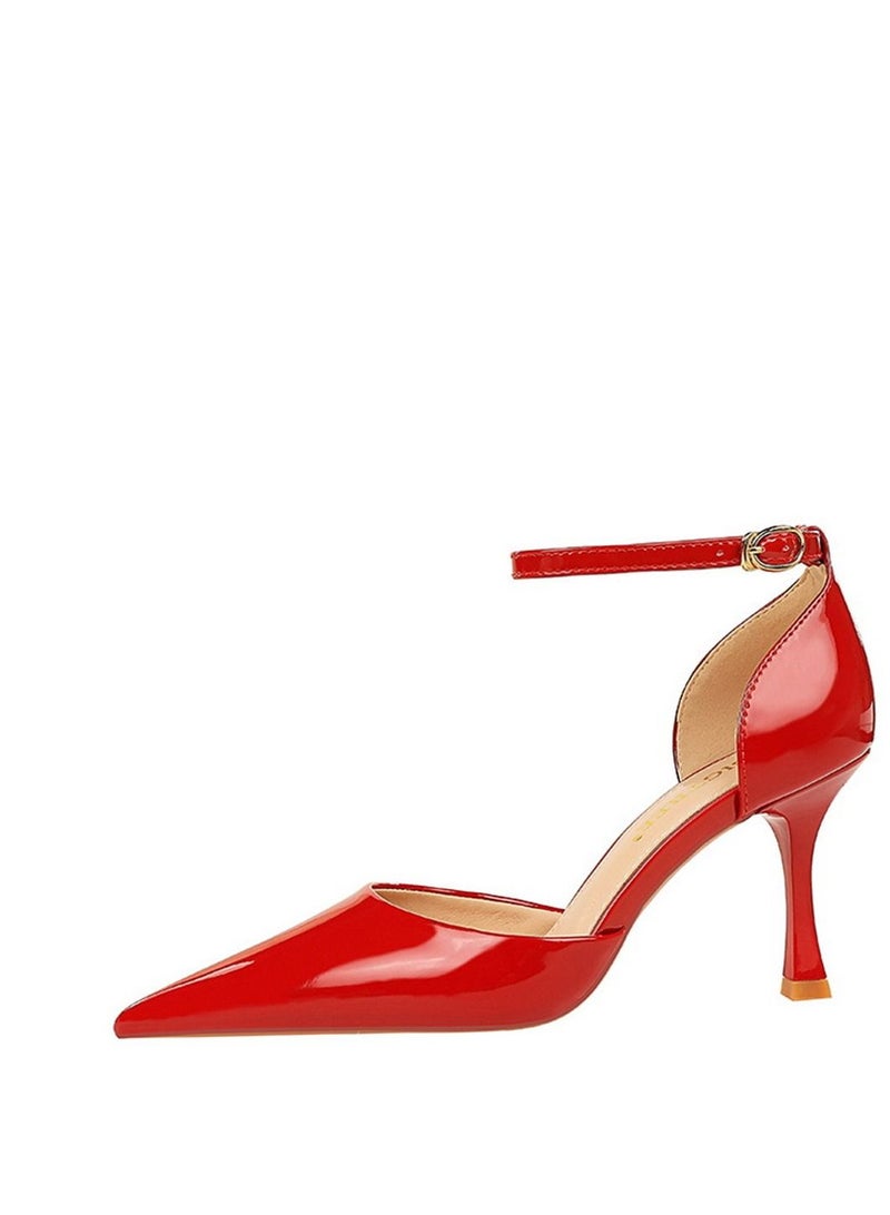 BIGTREE صنادل عالية الكعب ذات خط واحد مدبب 8 سم حمراء - Image 2