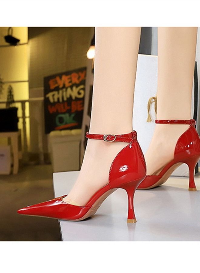 BIGTREE صنادل عالية الكعب ذات خط واحد مدبب 8 سم حمراء - Image 5