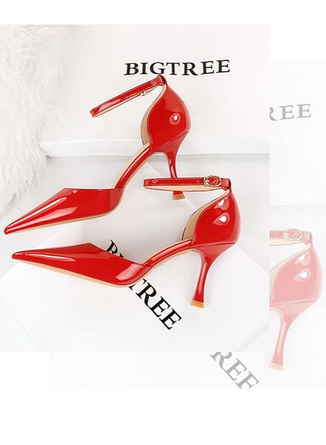 BIGTREE صنادل عالية الكعب ذات خط واحد مدبب 8 سم حمراء - Image 3