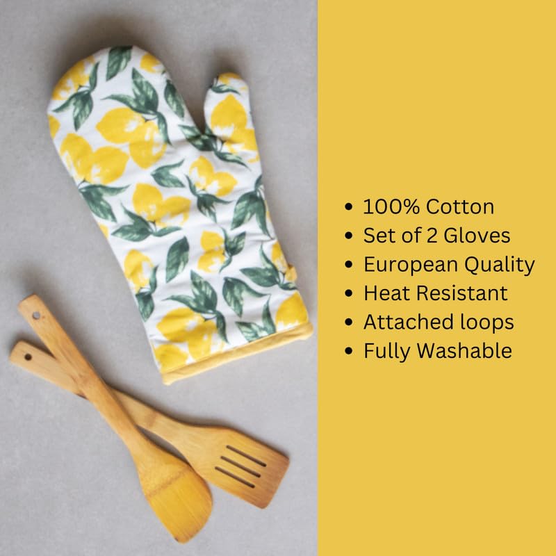 Oak & Lily 100% Cotton Oven Mittens (Set of 2) | Heat Proof, Quilted & Washable | 15 x 30 cm | European Quality Oven Mitts | Ideal for Cooking & Baking | Lemon Yellow - Image 5