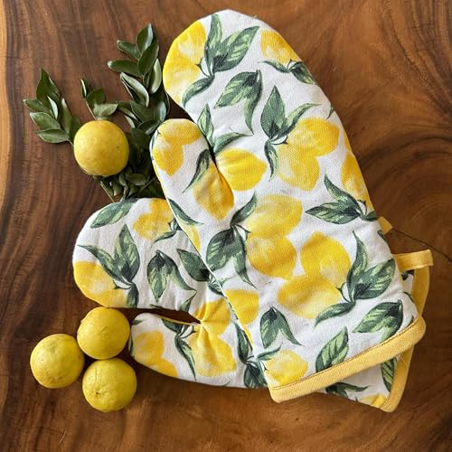 Oak & Lily 100% Cotton Oven Mittens (Set of 2) | Heat Proof, Quilted & Washable | 15 x 30 cm | European Quality Oven Mitts | Ideal for Cooking & Baking | Lemon Yellow - Image 1