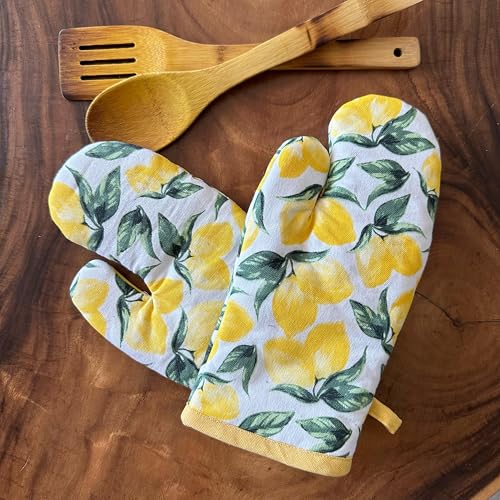 Oak & Lily 100% Cotton Oven Mittens (Set of 2) | Heat Proof, Quilted & Washable | 15 x 30 cm | European Quality Oven Mitts | Ideal for Cooking & Baking | Lemon Yellow - Image 2