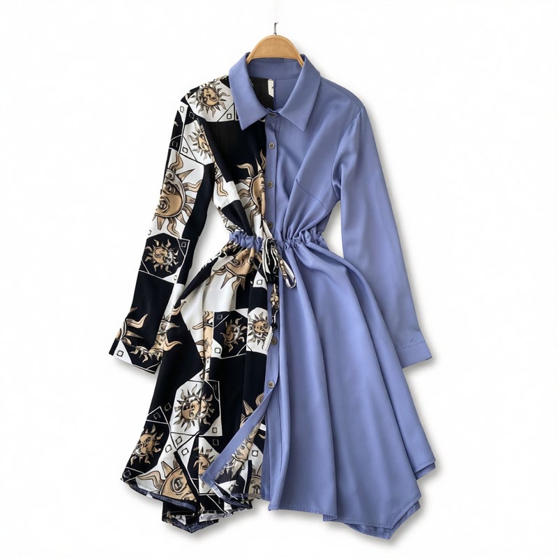 Long Sleeve Printed Patchwork Dress with Waist Cinching Slim Fit Shirt Dress for Women - Image 1