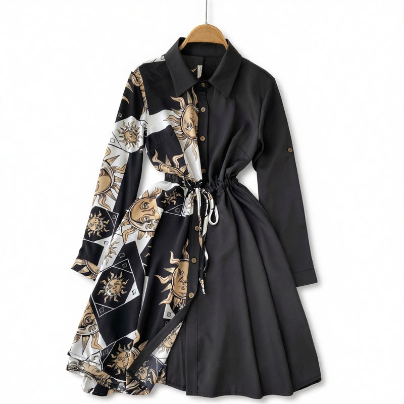 Long Sleeve Printed Patchwork Dress with Waist Cinching Slim Fit Shirt Dress for Women - Image 2