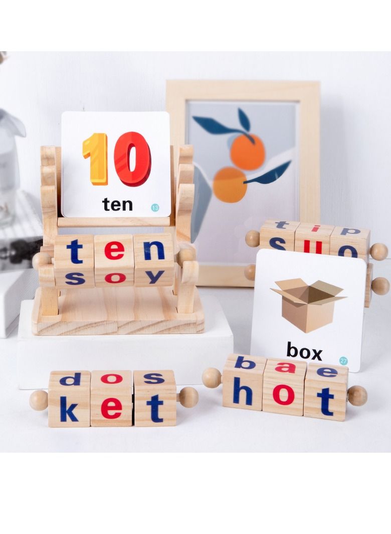 MIXDE Wood Spin and Read Montessori Phonetic Reading Blocks Combines Spelling Blocks with Phonics flashcards for a Frustration Free Spelling for Kids - Image 2
