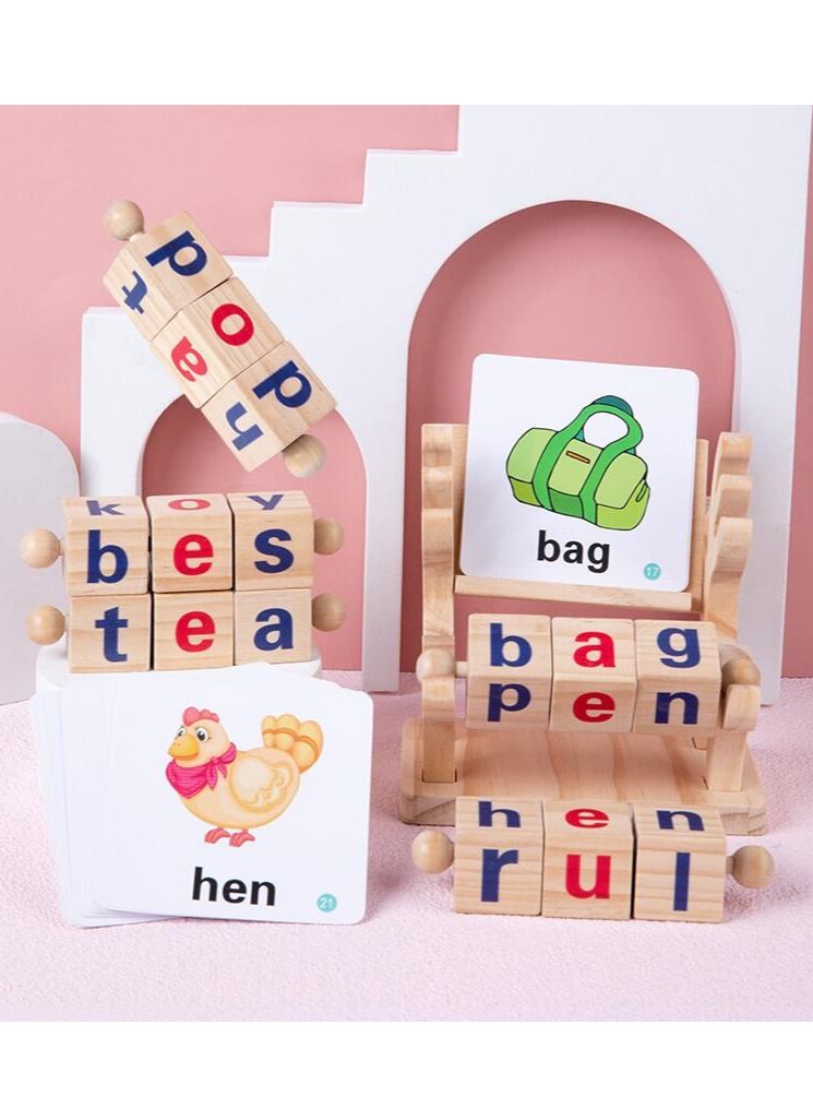MIXDE Wood Spin and Read Montessori Phonetic Reading Blocks Combines Spelling Blocks with Phonics flashcards for a Frustration Free Spelling for Kids - Image 4