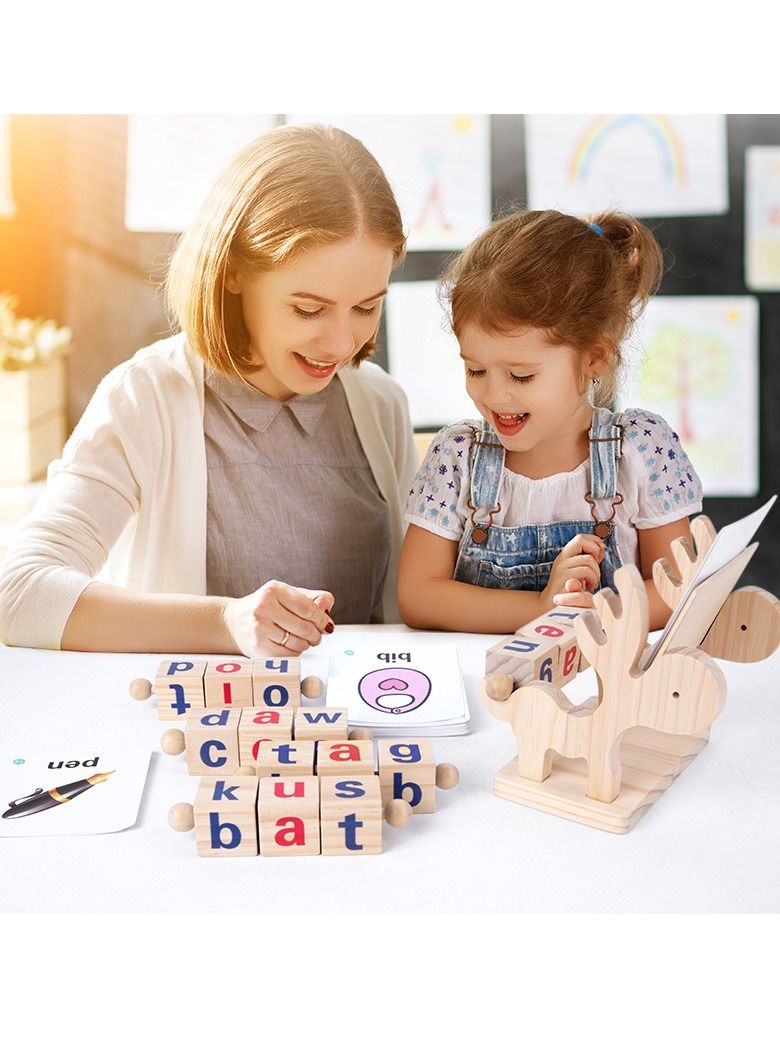 MIXDE Wood Spin and Read Montessori Phonetic Reading Blocks Combines Spelling Blocks with Phonics flashcards for a Frustration Free Spelling for Kids - Image 3