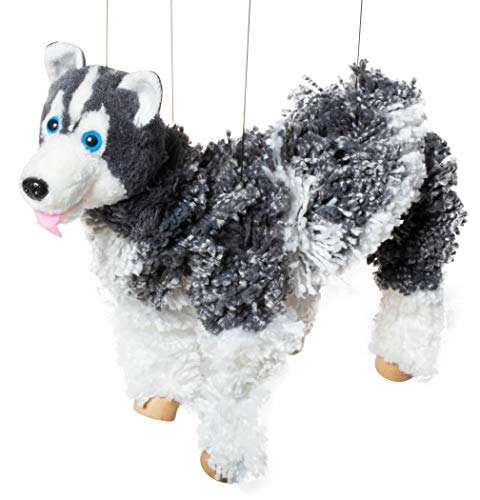 Artisan Owl Siberian Husky Marionette Puppet - Yarn Dog with Wooden Feet, Detachable Strings (Black) - Image 1