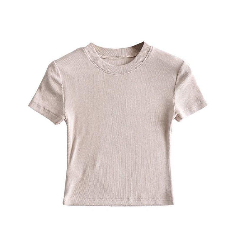 Summer Ins Super Fire Top Short-Sleeved Round Neck T-Shirt Women'S Short High Waist Base Shirt All-Match Slim-Fit Stretch - Image 1