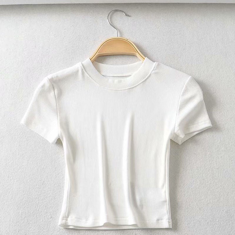 Summer Ins Super Fire Top Short-Sleeved Round Neck T-Shirt Women'S Short High Waist Base Shirt All-Match Slim-Fit Stretch - Image 4