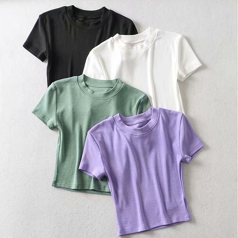 Summer Ins Super Fire Top Short-Sleeved Round Neck T-Shirt Women'S Short High Waist Base Shirt All-Match Slim-Fit Stretch - Image 2