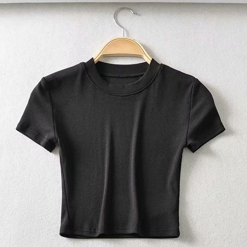 Summer Ins Super Fire Top Short-Sleeved Round Neck T-Shirt Women'S Short High Waist Base Shirt All-Match Slim-Fit Stretch - Image 3