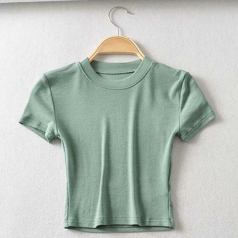 Summer Ins Super Fire Top Short-Sleeved Round Neck T-Shirt Women'S Short High Waist Base Shirt All-Match Slim-Fit Stretch - Image 5