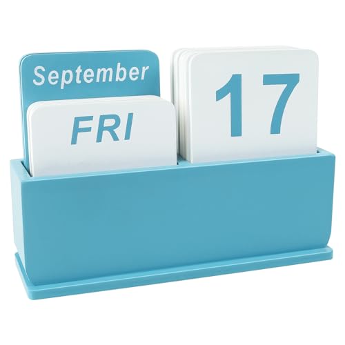 DEERINE Wooden Block Perpetual Calendar for Desk, Daily Desktop Standing Flip Calendar with Large Display, Modern Farmhouse Aesthetic Desk Accessories for Home Office Decor, Reusable Yearly, Blue - Image 1
