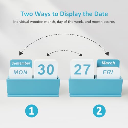 DEERINE Wooden Block Perpetual Calendar for Desk, Daily Desktop Standing Flip Calendar with Large Display, Modern Farmhouse Aesthetic Desk Accessories for Home Office Decor, Reusable Yearly, Blue - Image 3