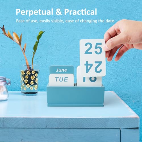DEERINE Wooden Block Perpetual Calendar for Desk, Daily Desktop Standing Flip Calendar with Large Display, Modern Farmhouse Aesthetic Desk Accessories for Home Office Decor, Reusable Yearly, Blue - Image 5