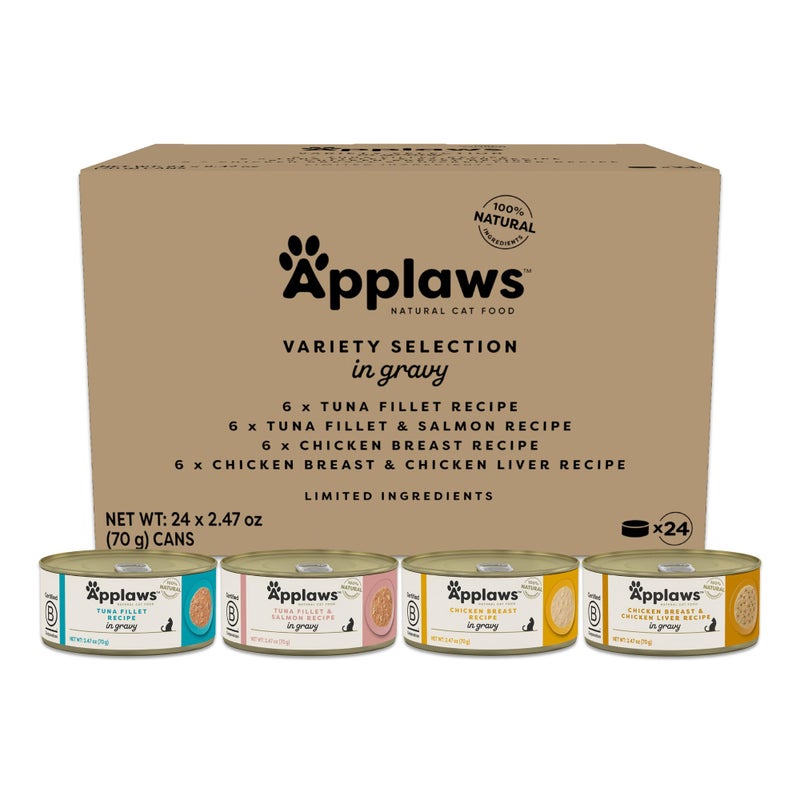 Applaws Natural Wet Cat Food in Gravy, Limited and Natural Ingredients, High Protein with No Artificial Additives, Variety Selection in Gravy (24 x 2.47oz Cans) - Image 1