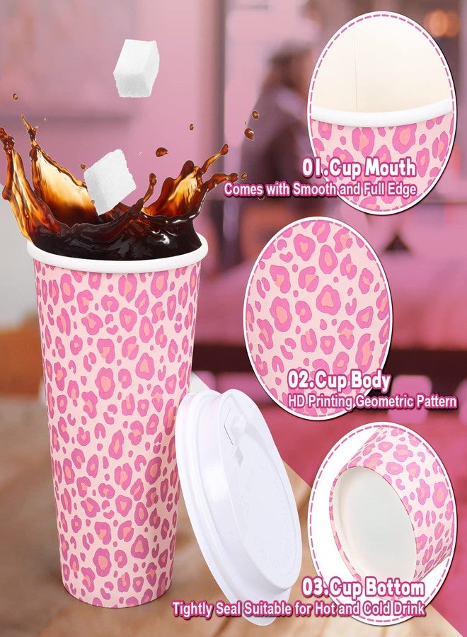 Whaline 50Pcs Leopard Hot Pink Paper Cups with Lids Pink White Paper Coffee Cups Animal Disposable Cups for Hot Drinks Cold Beverage Bridal Baby Shower Birthday Wedding Party Supplies - Image 3