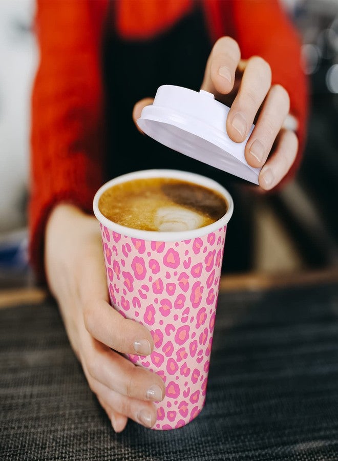Whaline 50Pcs Leopard Hot Pink Paper Cups with Lids Pink White Paper Coffee Cups Animal Disposable Cups for Hot Drinks Cold Beverage Bridal Baby Shower Birthday Wedding Party Supplies - Image 5