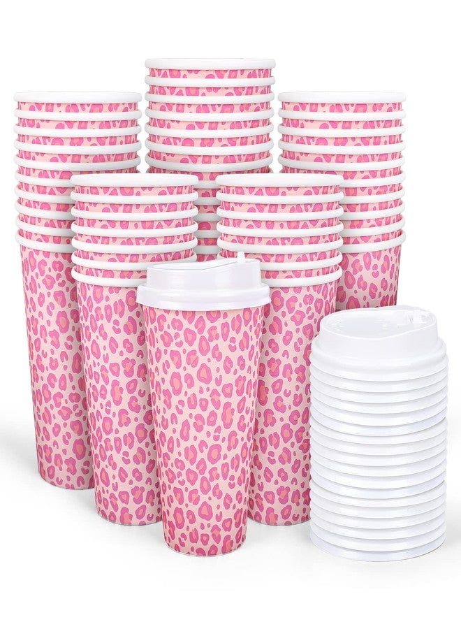 Whaline 50Pcs Leopard Hot Pink Paper Cups with Lids Pink White Paper Coffee Cups Animal Disposable Cups for Hot Drinks Cold Beverage Bridal Baby Shower Birthday Wedding Party Supplies - Image 1