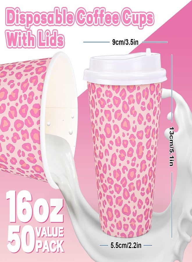 Whaline 50Pcs Leopard Hot Pink Paper Cups with Lids Pink White Paper Coffee Cups Animal Disposable Cups for Hot Drinks Cold Beverage Bridal Baby Shower Birthday Wedding Party Supplies - Image 2