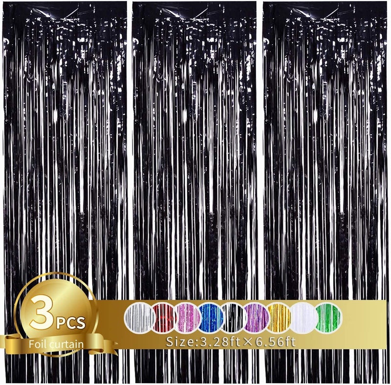 TONIFUL 3Pcs Black Door StreamersBlack Photo Booth BackdropMetallic Streamers Black Foil Fringe Curtains for BirthdayChristmasNew YearSt Patricks Day Party Streamers Decor99ft x 66ft