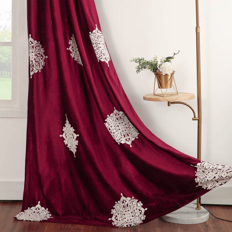 VOGOL Burgundy Thermal Curtains for Living Room Floral Noise Reducing Bedroom Curtains 84 Inch Length Soft Velvet Room Darkening Grommet Drapes 2 Panels Tiebacks Include