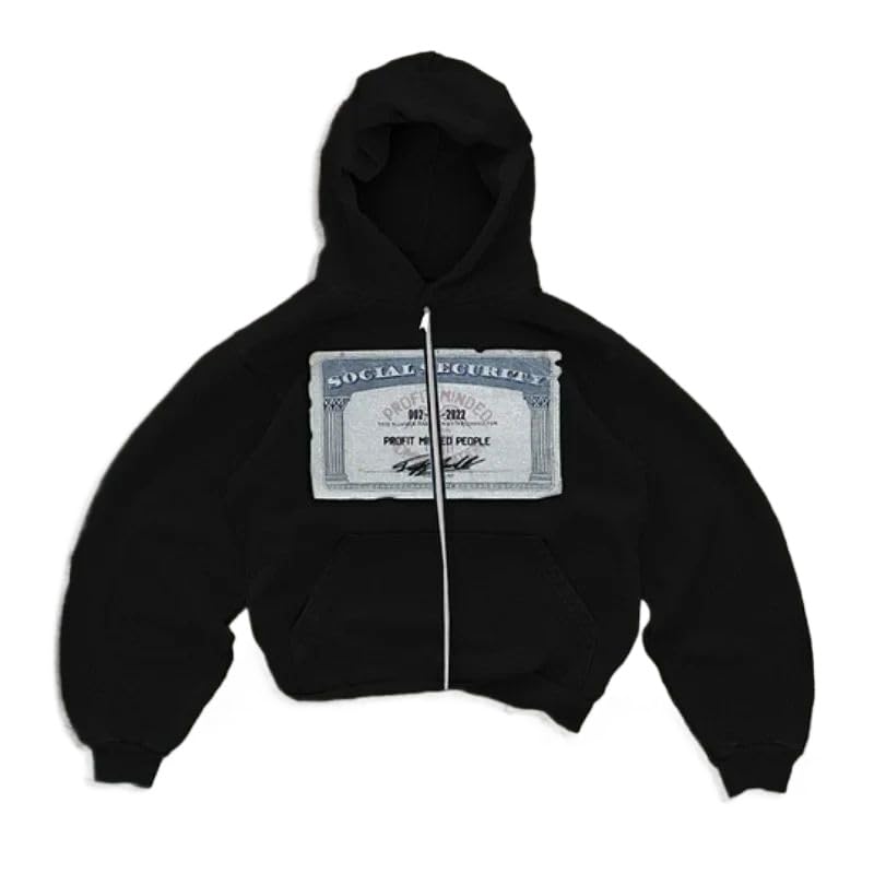 Crancious Y2k Oversized Graphic Hoodies Unisex Grunge Zip up Hoodie Cute Hoodies for Teen Girls and Boys 2000s Emo Clothes (BLACK,Large) - Image 1
