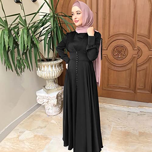 StarDY Women's Plain Satin Abaya Dress Round Collar Balloon Sleeve Wrap Waist Slit Maxi Dress Middle Eastern Muslim Gown (09#Black, XL), X-Large - Image 5