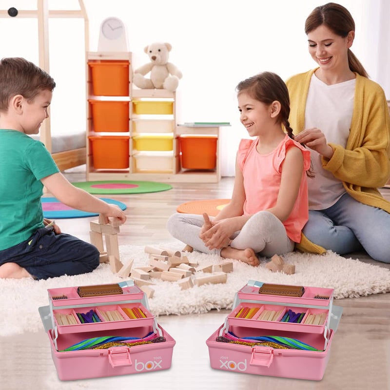 TERGOO 12in Three-Layer Multipurpose Storage Box, Folding Tool Box/Art & Crafts Case/Sewing Supplies Organizer/Medicine Box/Family First Aid Box with 2 Trays (Pink) - Image 5