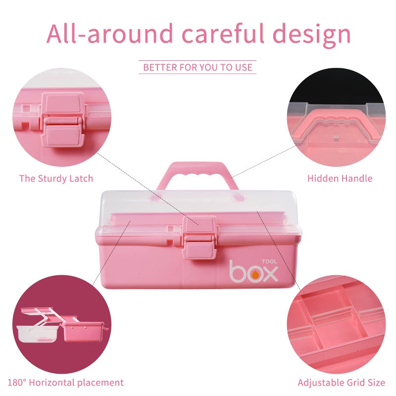 TERGOO 12in Three-Layer Multipurpose Storage Box, Folding Tool Box/Art & Crafts Case/Sewing Supplies Organizer/Medicine Box/Family First Aid Box with 2 Trays (Pink) - Image 3
