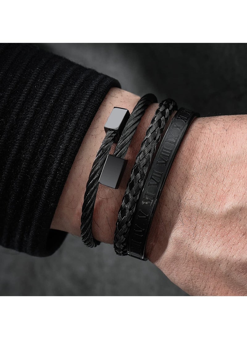 Excefore Stainless Steel Bracelets for Men Gold Roman Numeral Bangle Bracelet Twisted Cable Bracelet Adjustable Cuff Bracelet Mens Luxury Jewelry Bracelets Gifts 3PCS - Image 2